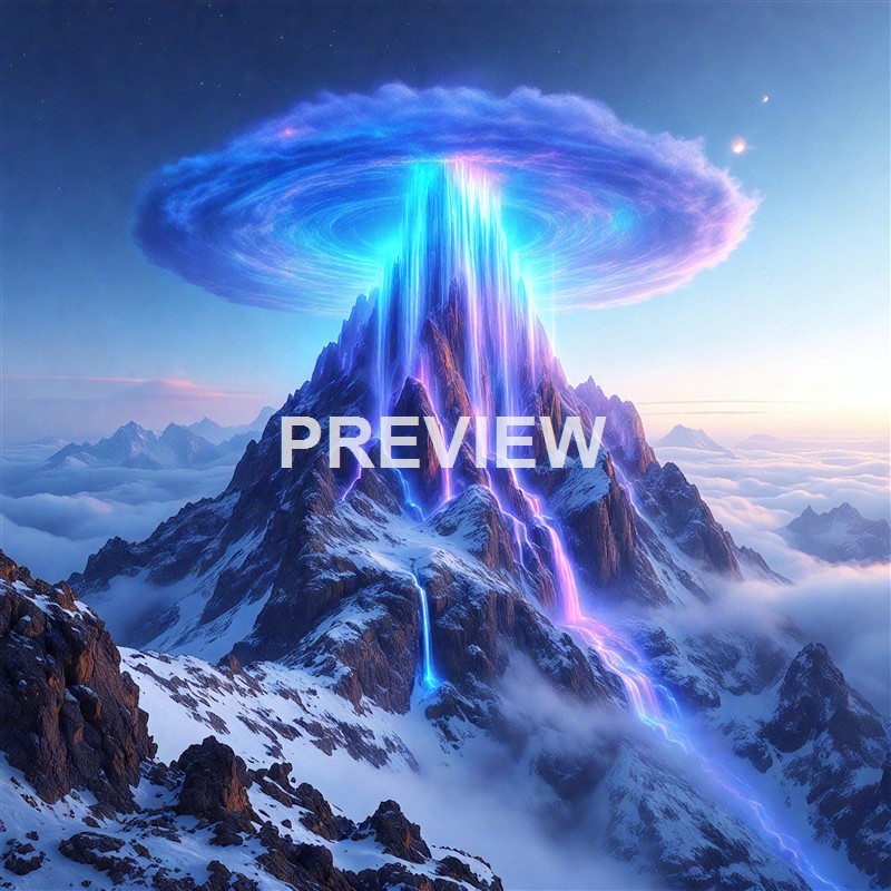 A fantastical mountain peak with glowing waterfalls and a swirling, luminous cloud formation above, set against a backdrop of clouds and distant mountains.